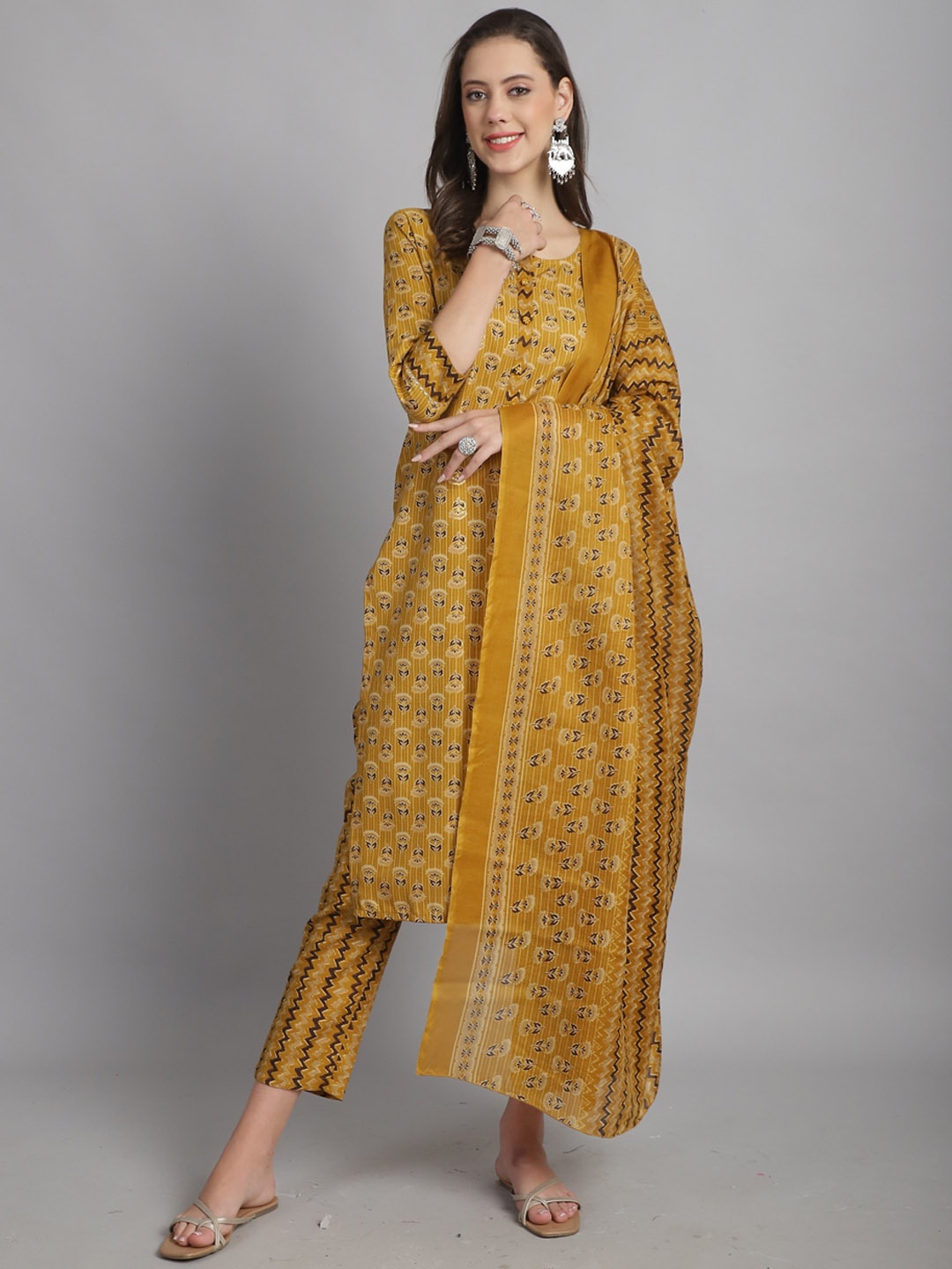 

Roly Poly Round Neck Floral Regular Kurta with Trousers & Dupatta, Mustard