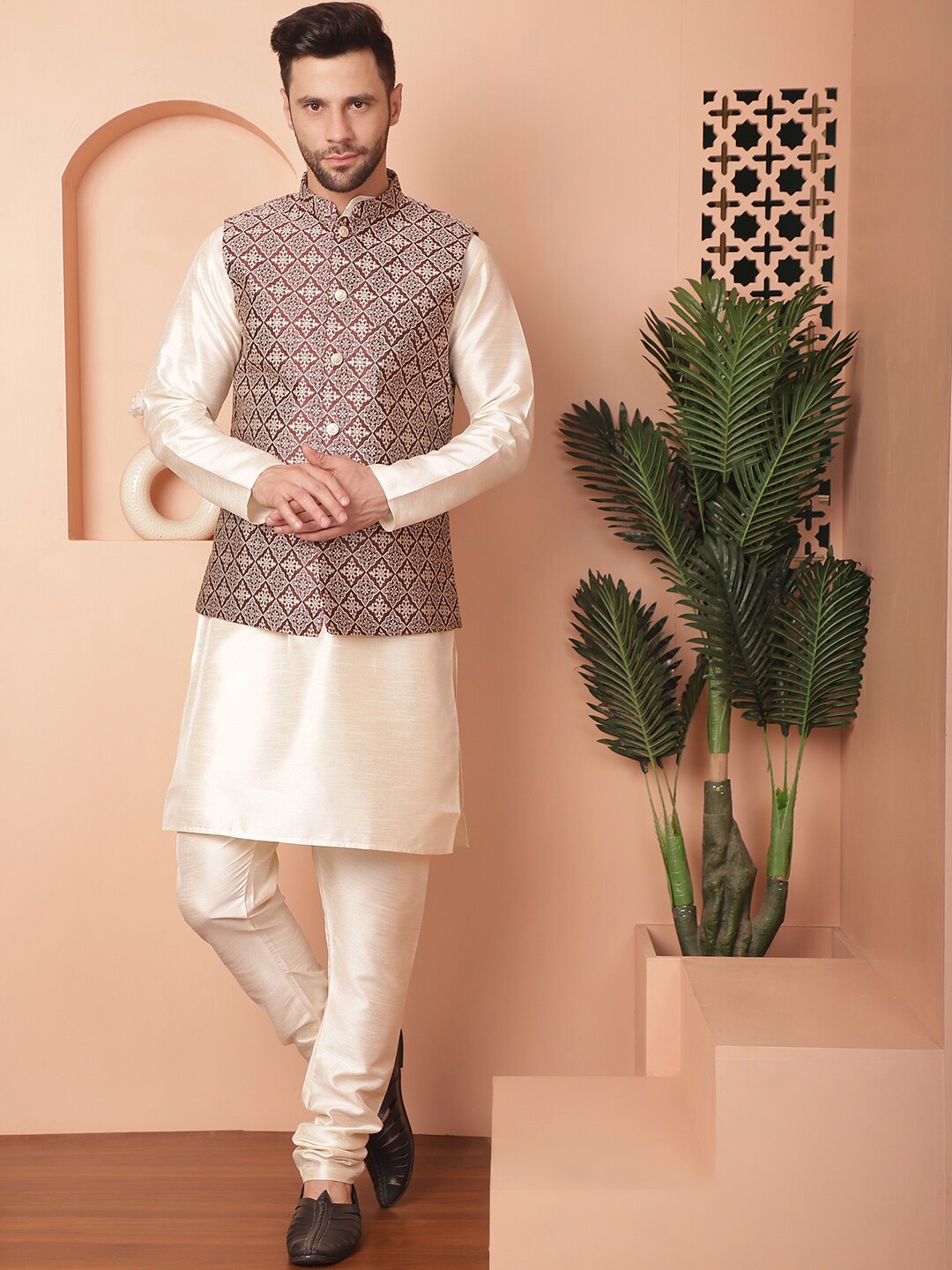 

Anouk Maroon Woven Design Mandarin Collar Silk & Cotton Nehru Jacket