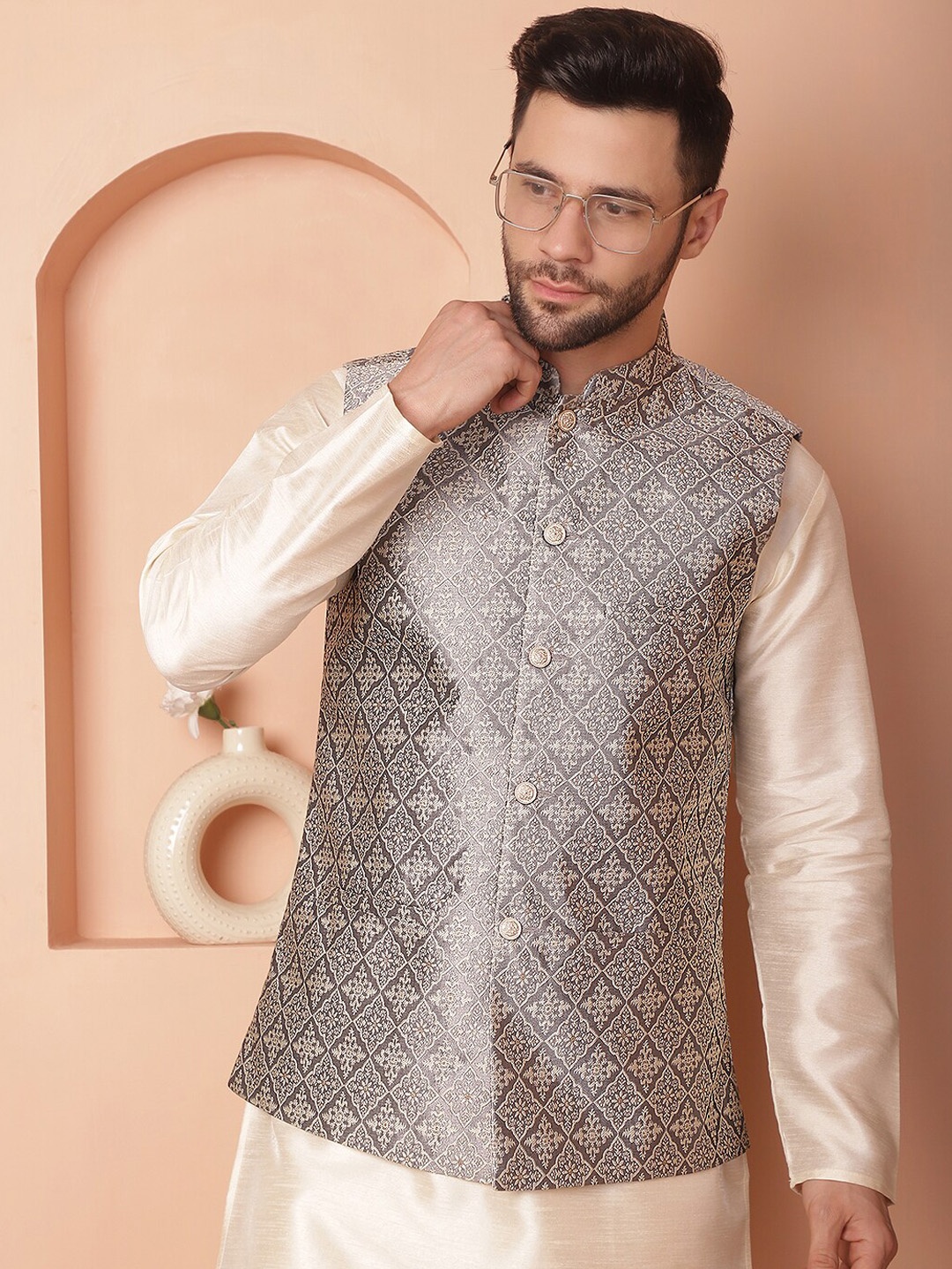 

Anouk Grey Woven Design Mandarin Collar Silk & Cotton Nehru Jacket