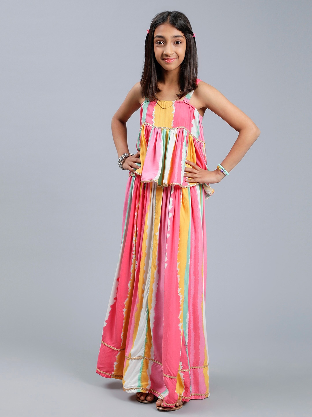 

Unique Designers Girls Printed Shoulder Strap Ready to Wear Lehenga Set, Pink