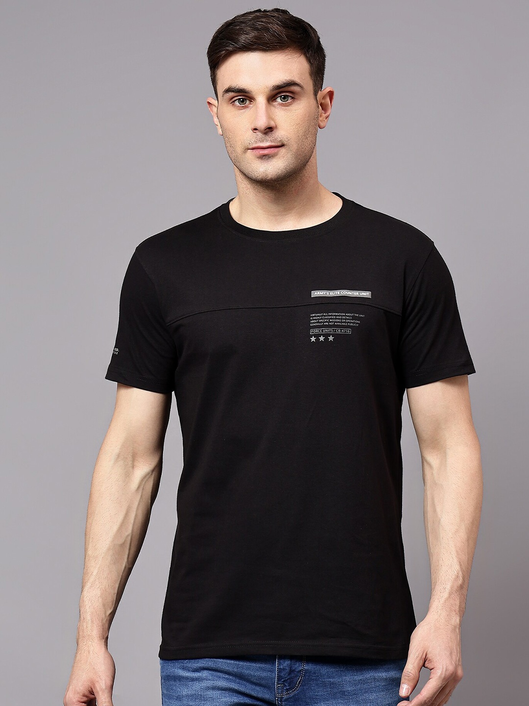 

Cantabil Placement Print Round Neck Short Sleeves Cotton T-shirt, Black
