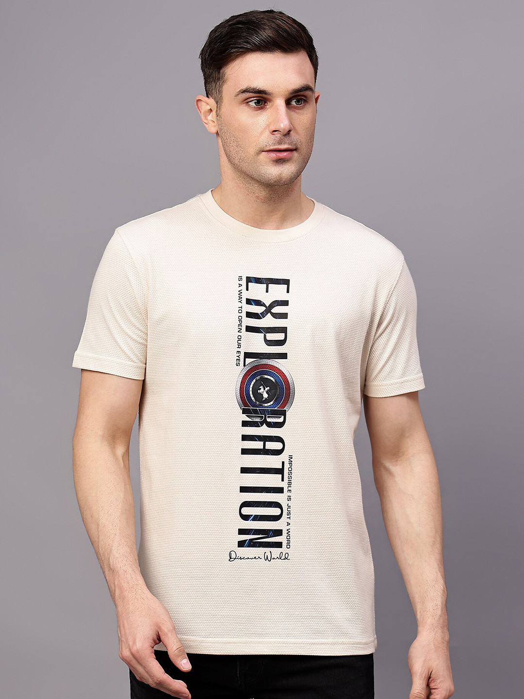 

Cantabil Typography Printed Round Neck Short Sleeves T-shirt, Beige