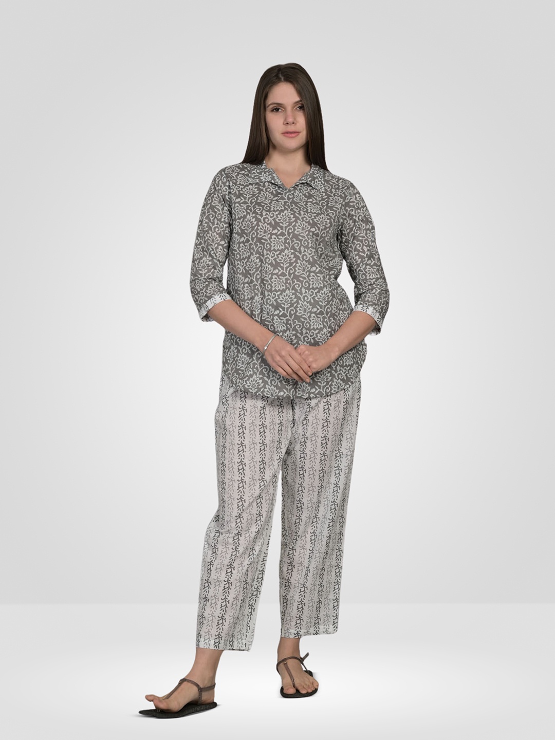 

MAYSIXTY Printed Pure Cotton Top & Trousers Co-Ords, Grey