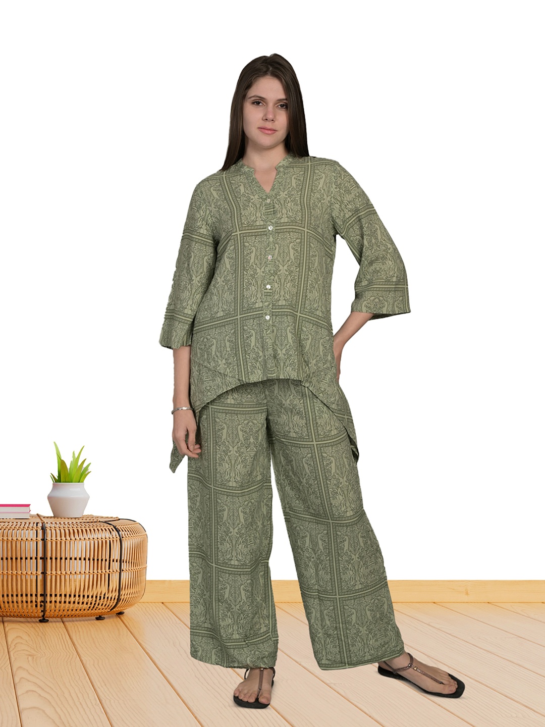 

MAYSIXTY Printed Shirt With Trousers Co-Ords, Green