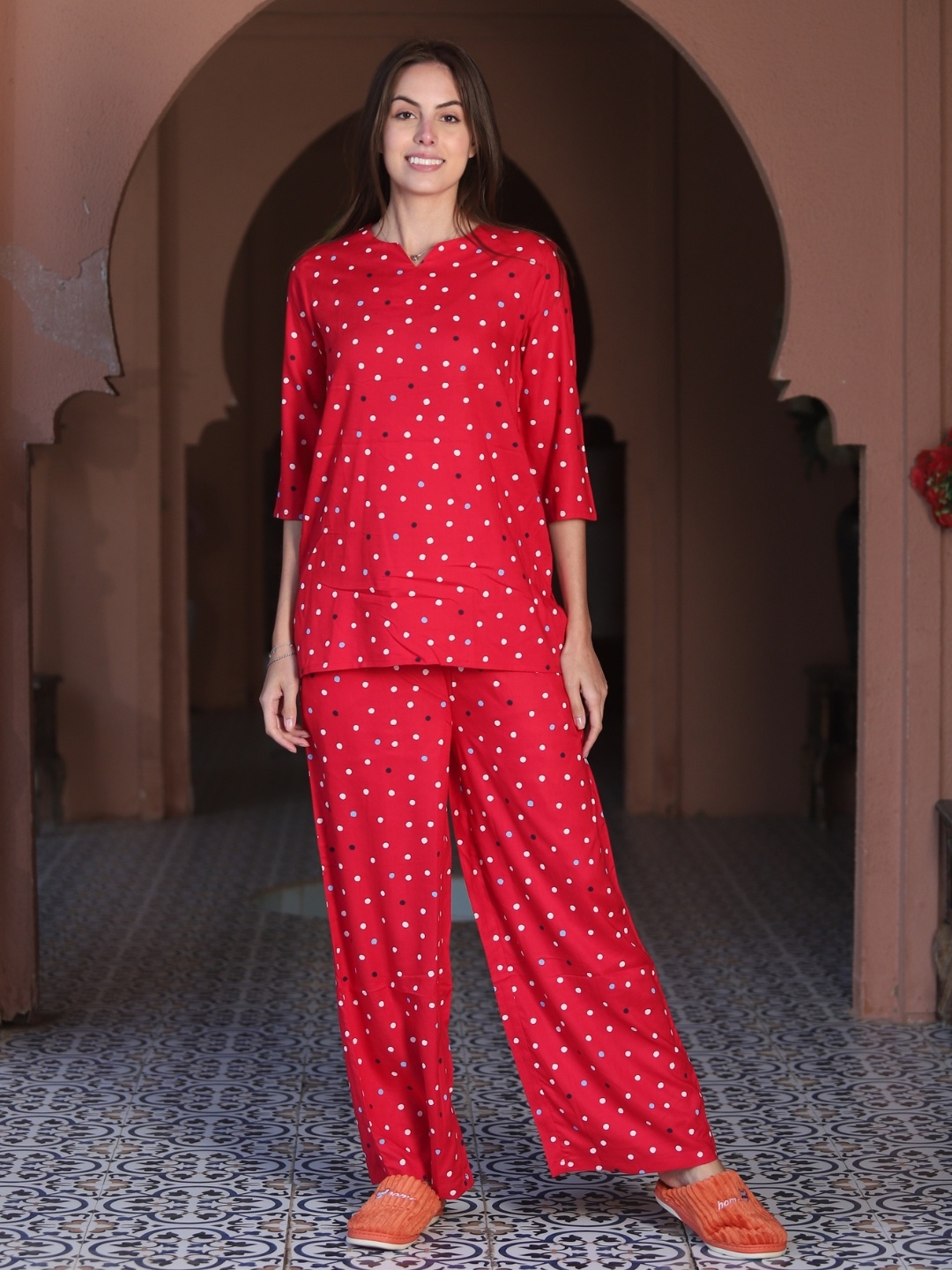 

MAYSIXTY Polka Dots Printed Tunic With Trousers Co-Ords, Red