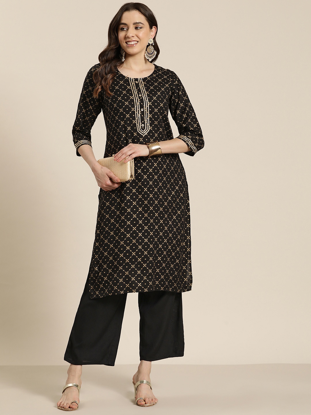 

HERE&NOW Women Printed Regular Gotta Patti Kurta with Trousers, Black