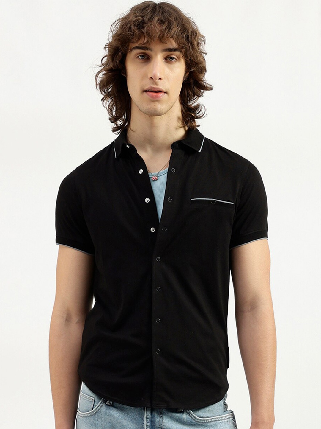 

United Colors of Benetton Spread Collar Slim Fit Opaque Cotton Casual Shirt, Black