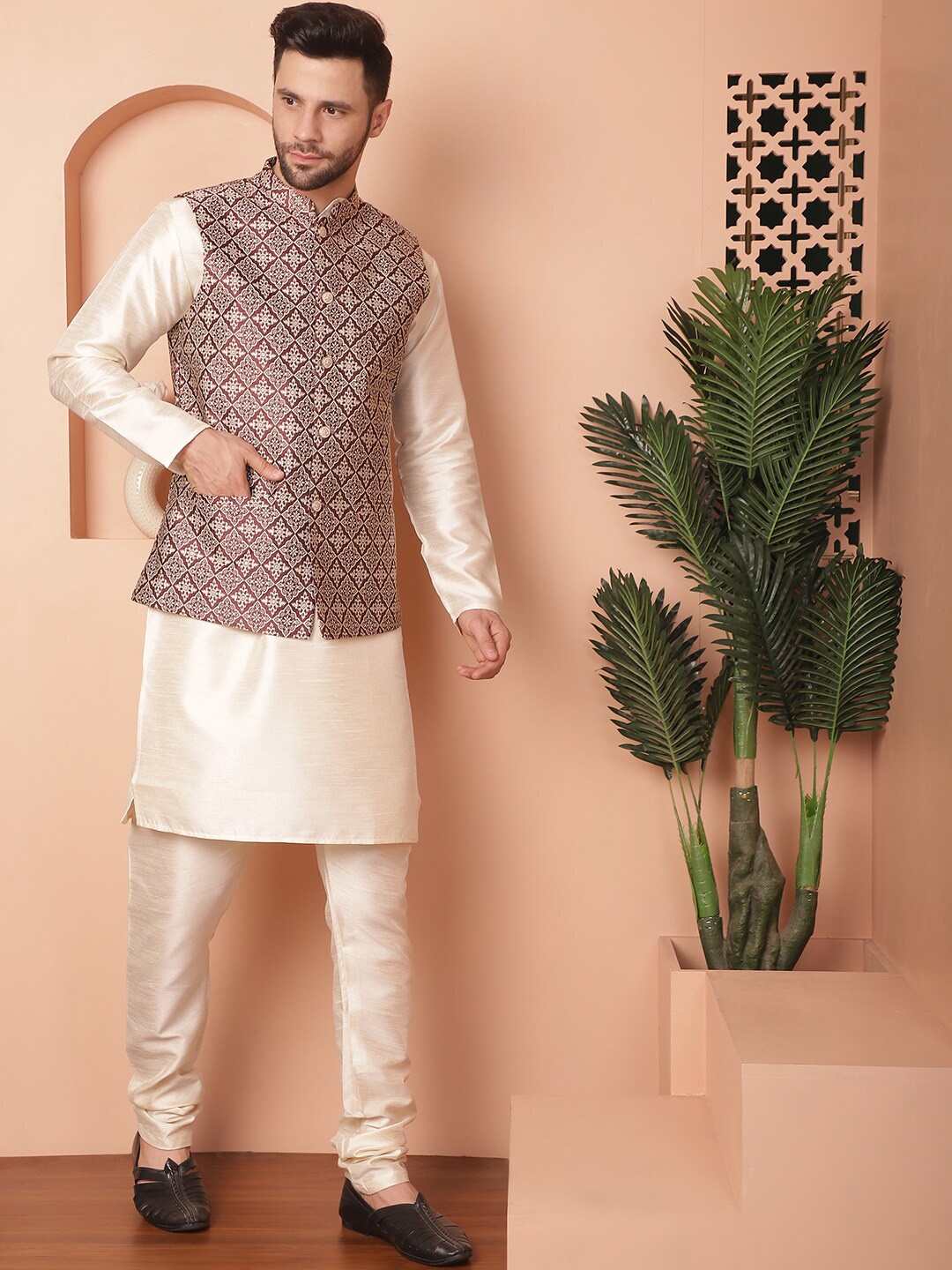 

Anouk Mandarin Collar Straight Kurta with Churidar & Woven Design Nehru Jacket, Maroon