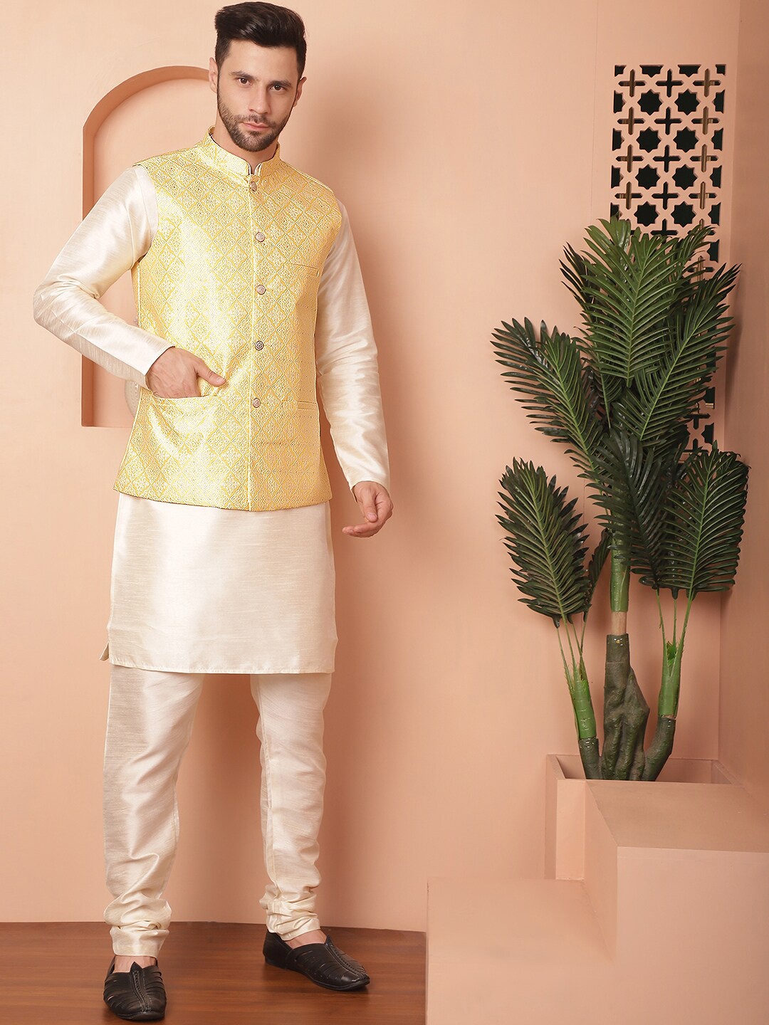 

Anouk Yellow Mandarin Collar Straight Kurta with Churidar & Woven Design Nehru Jacket