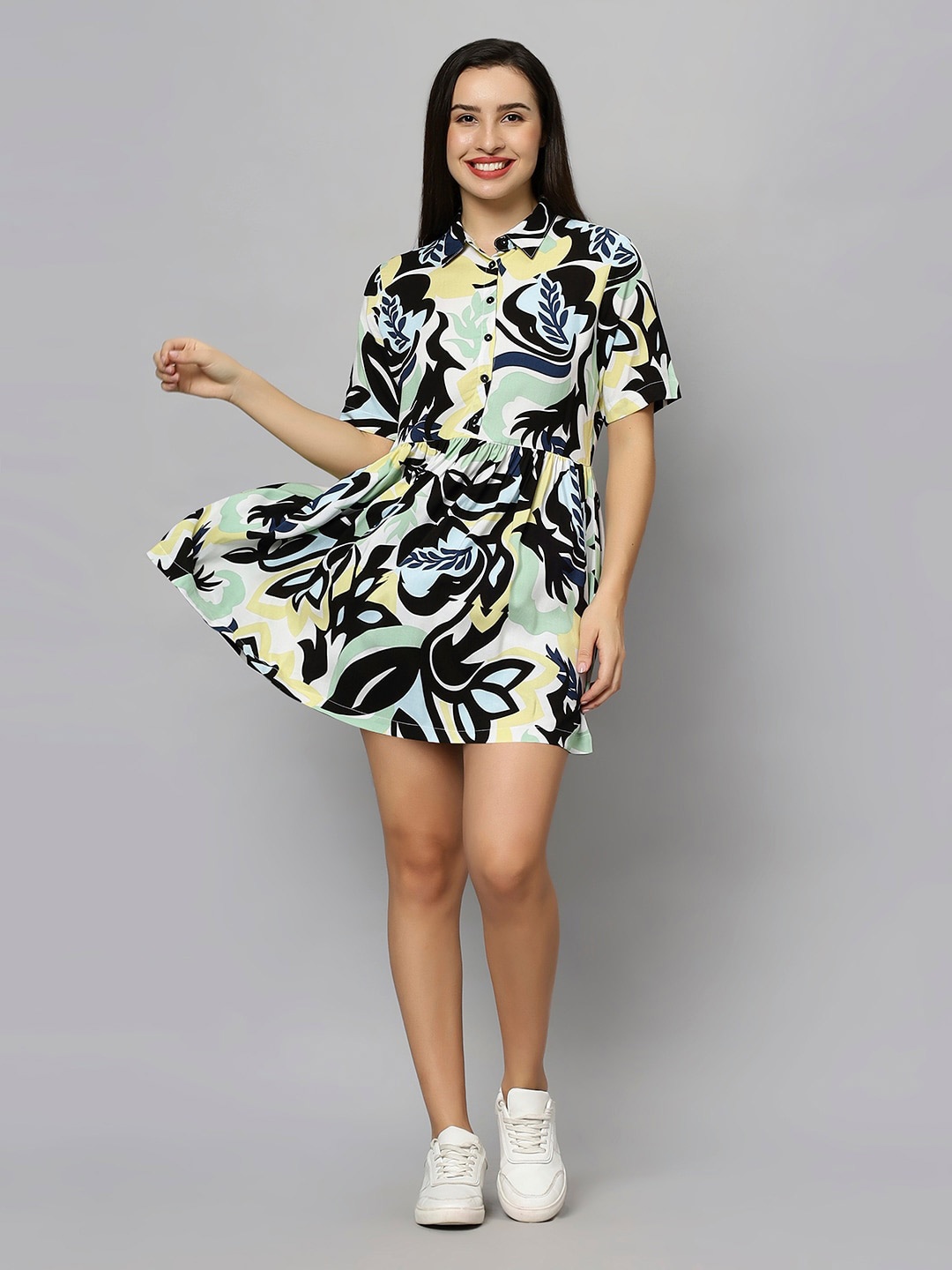 

DressBerry Floral Printed Fit & Flare Mini Dress, Black