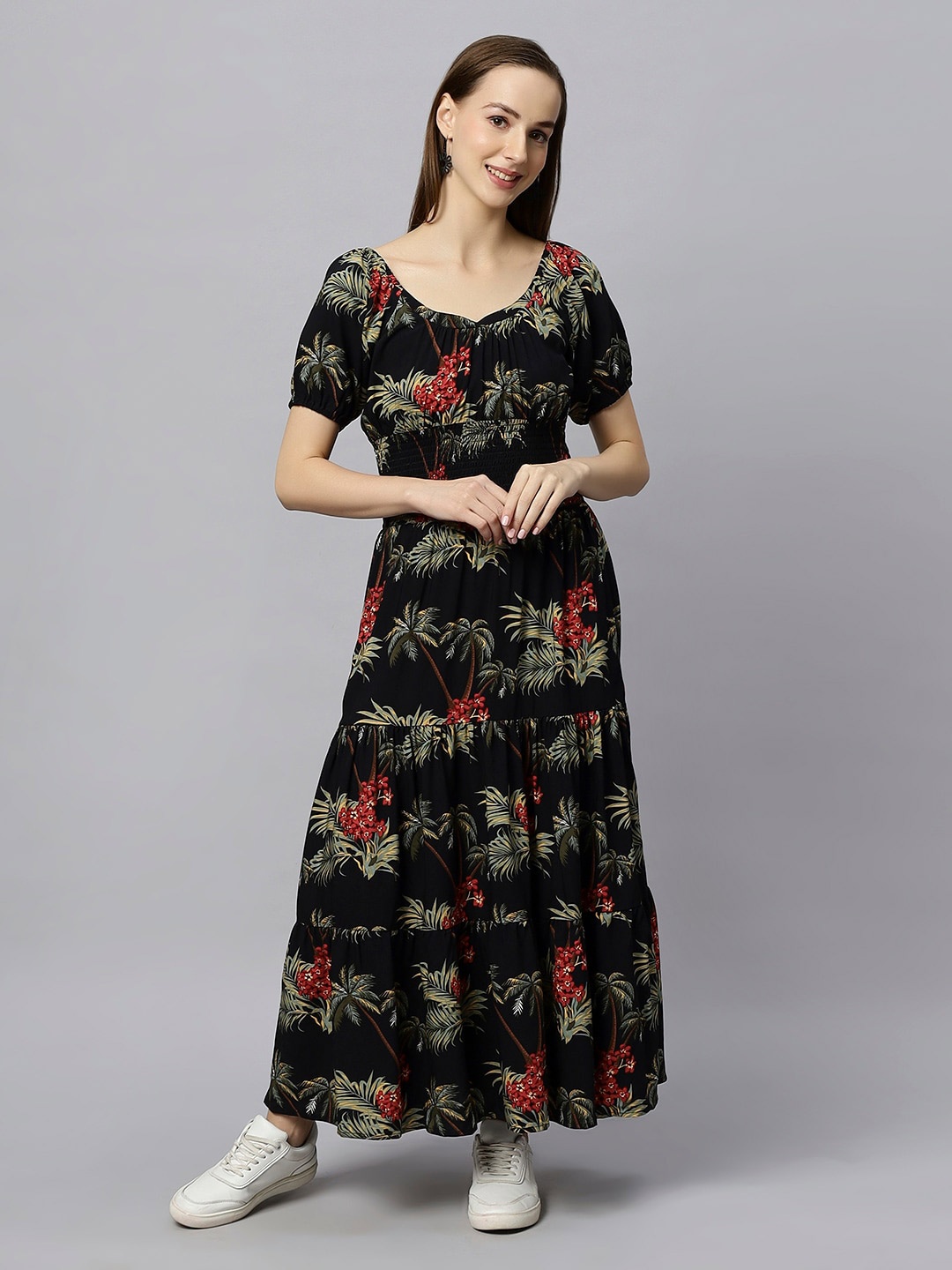

DressBerry Floral Printed Sweetheart Neck Maxi Dress, Black