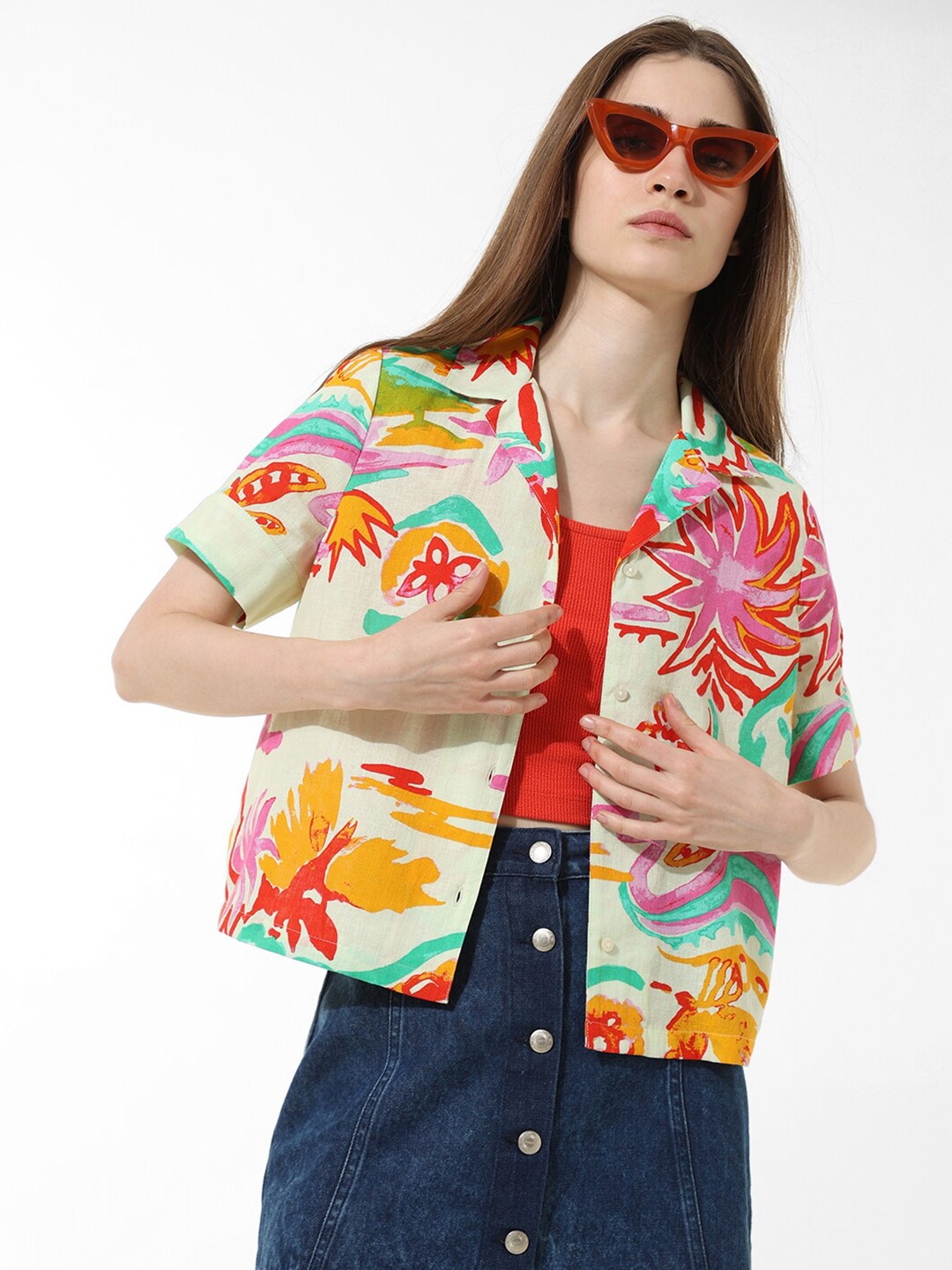 

ONLY Floral Printed Spread Collar Cotton Casual Shirt, Green
