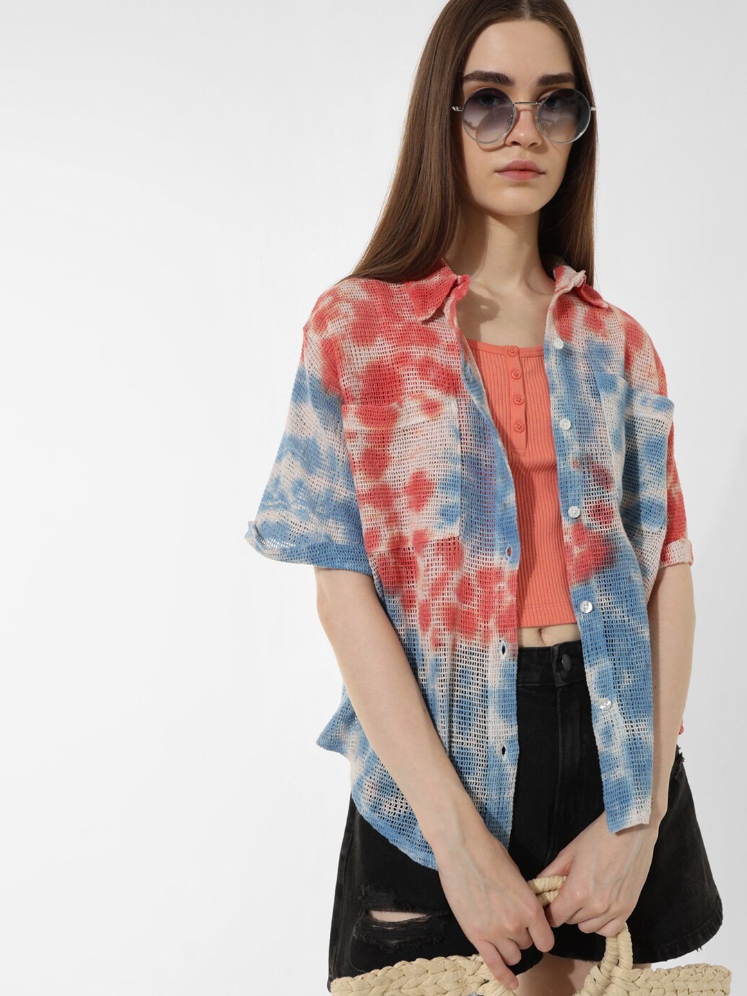 

ONLY Abstract Printed Spread Collar Cotton Casual Shirt, Blue