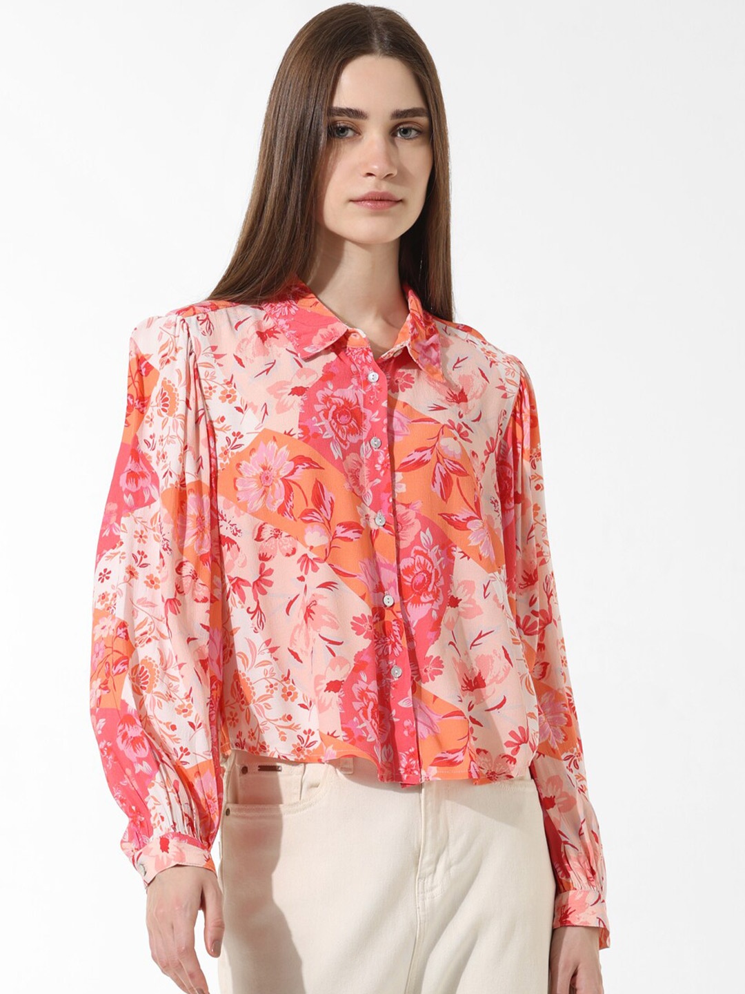 

ONLY Boxy Floral Printed Spread Collar Long Puff Sleeves Casual Shirt, Orange