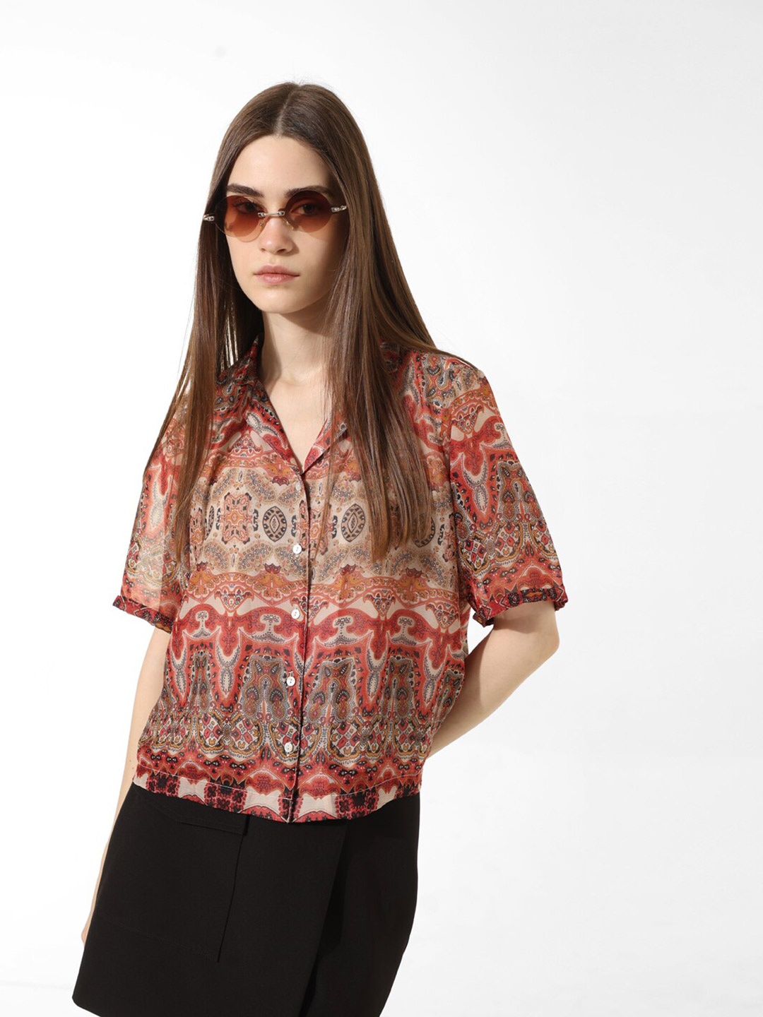 

ONLY Ethnic Motifs Printed Spread Collar Casual Shirt, Brown