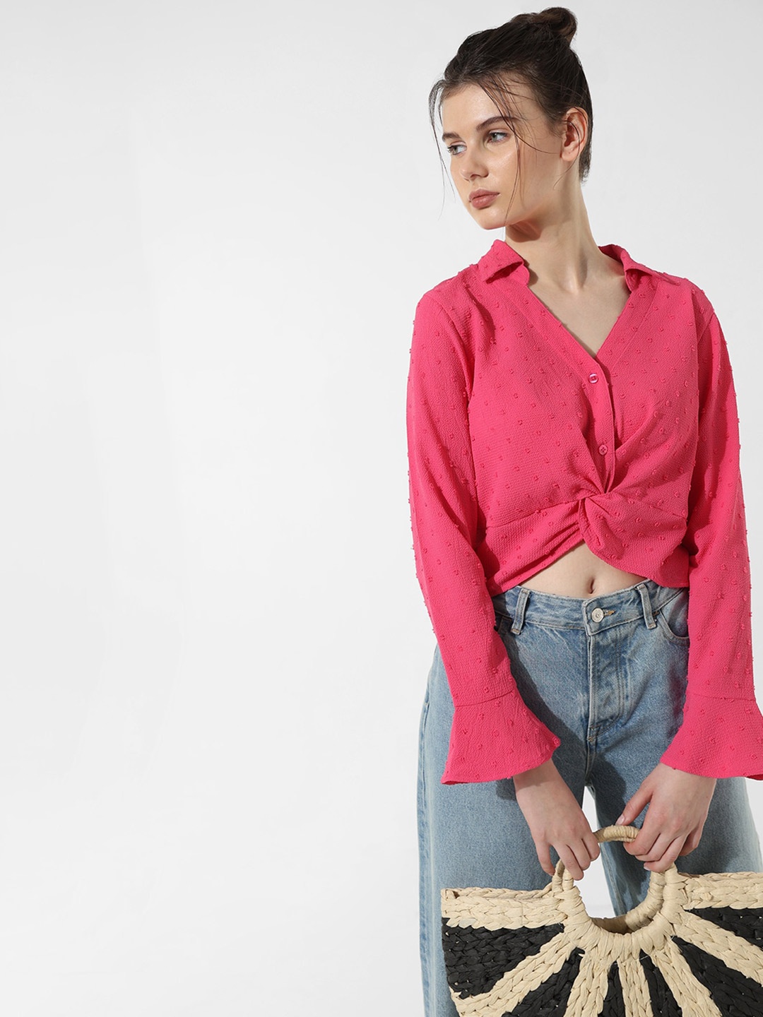 

ONLY Self Design Spread Collar Bell Sleeves Opaque Casual Shirt, Pink