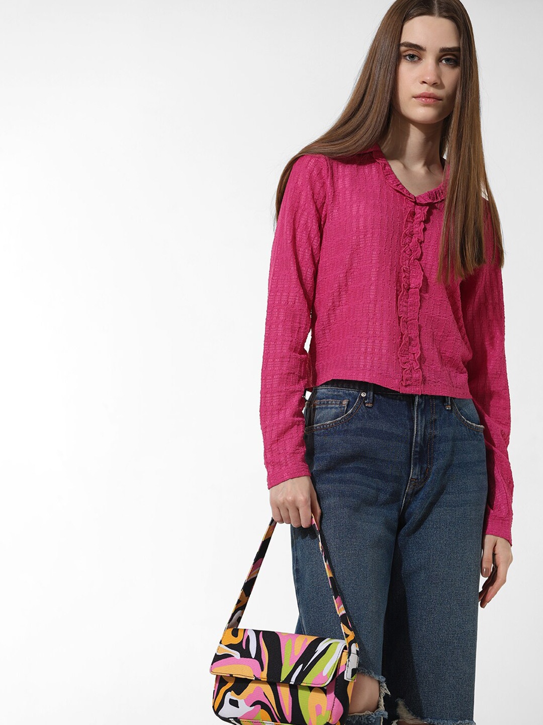 

ONLY Textured Spread Collar Long Sleeves Crop Casual Shirt, Pink