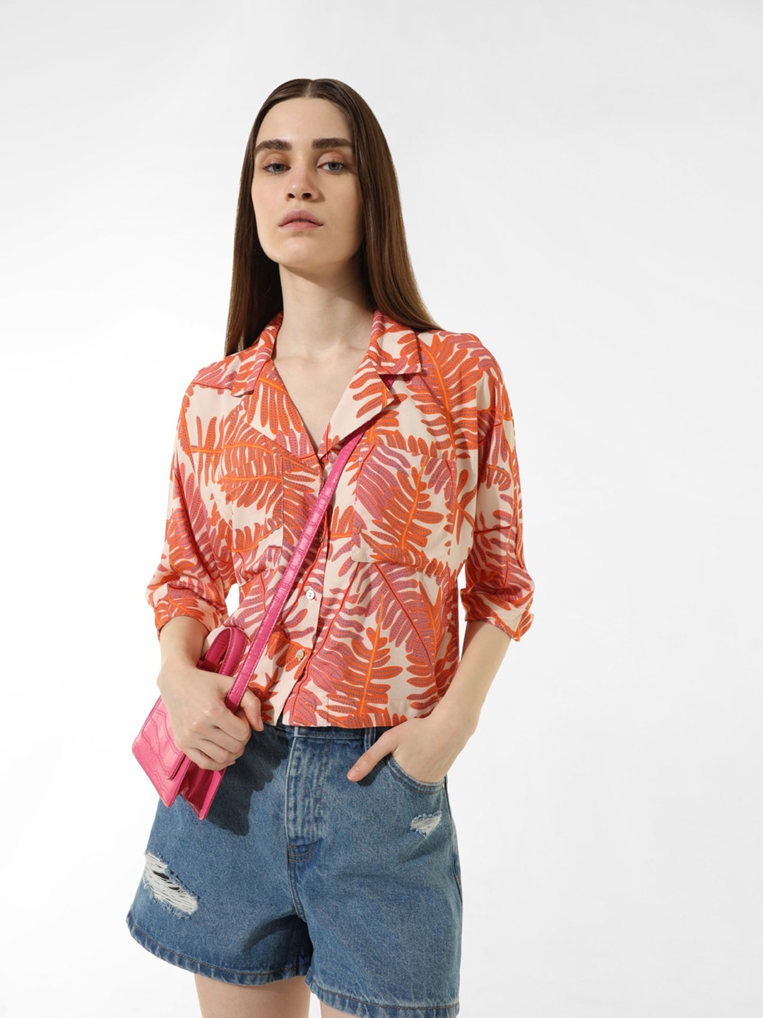 

ONLY Floral Printed Club Collar Three-Quarter Sleeves Crop Casual Shirt, Orange