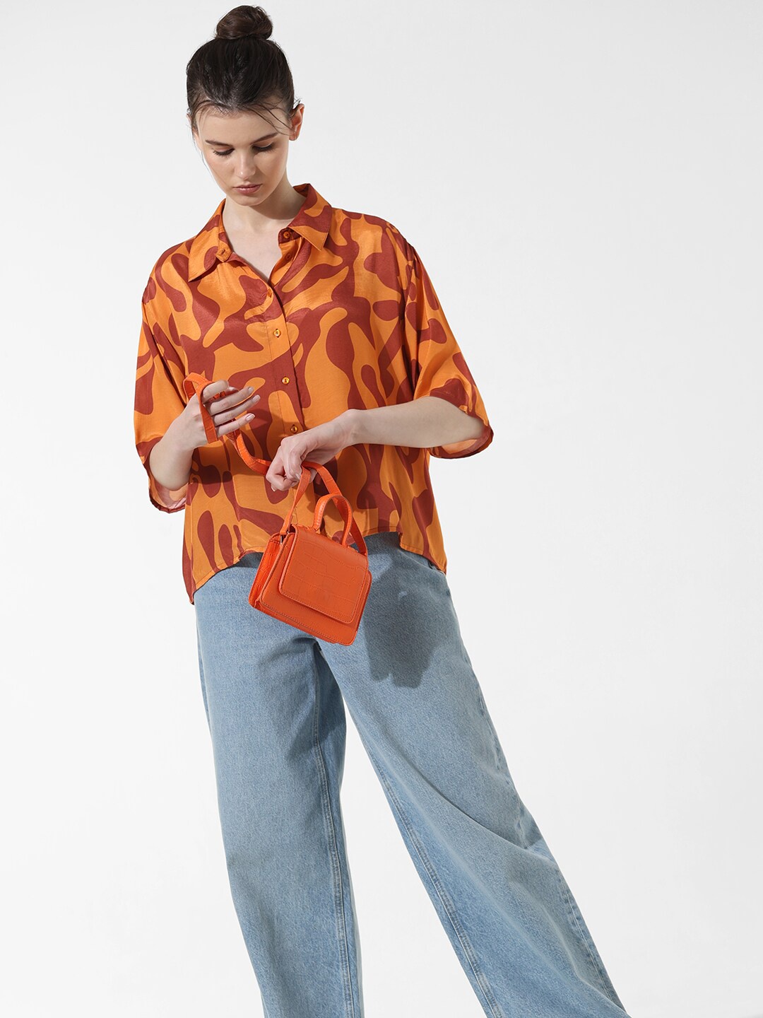 

ONLY Abstract Printed Spread Collar Oversized Casual Shirt, Orange