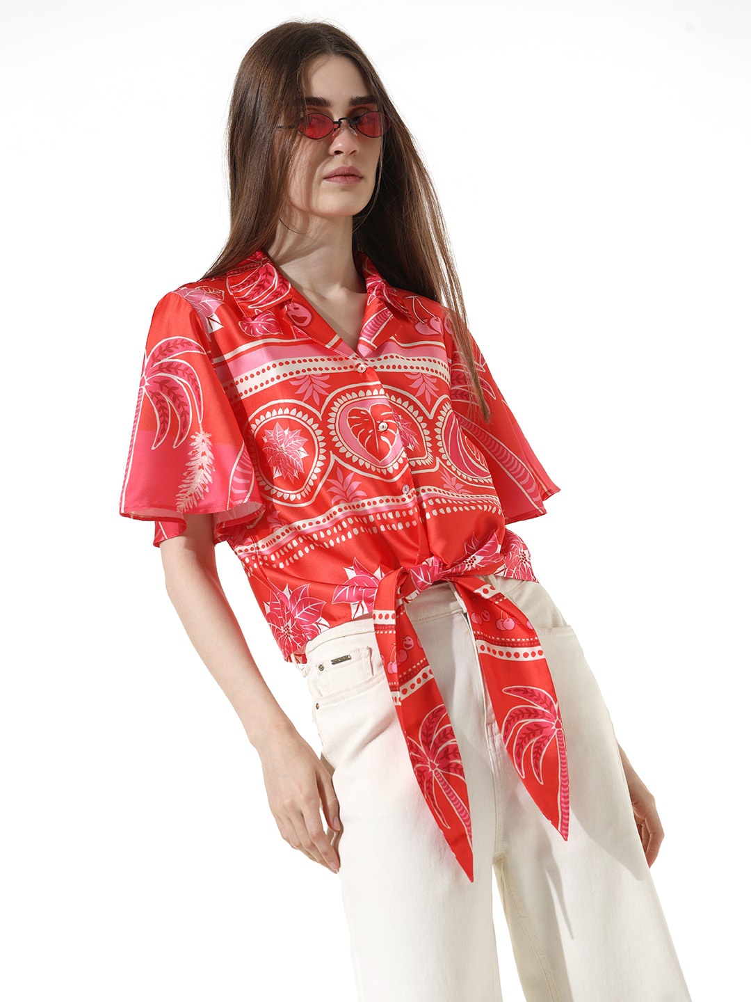 

ONLY Boxy Fit Abstract Printed Spread Collar Opaque Casual Shirt, Red