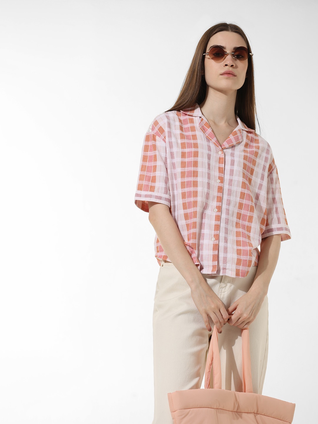 

ONLY Tartan Checks Spread Collar Cotton Casual Shirt, Pink