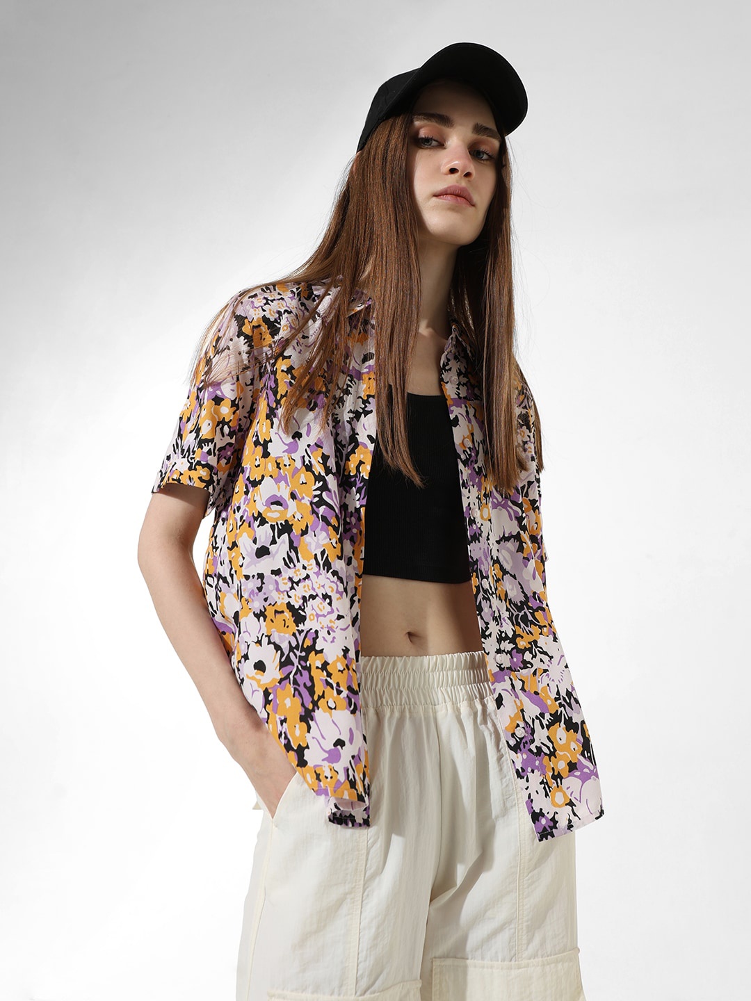 

ONLY Floral Printed Spread Collar Short Sleeves Casual Shirt, Lavender