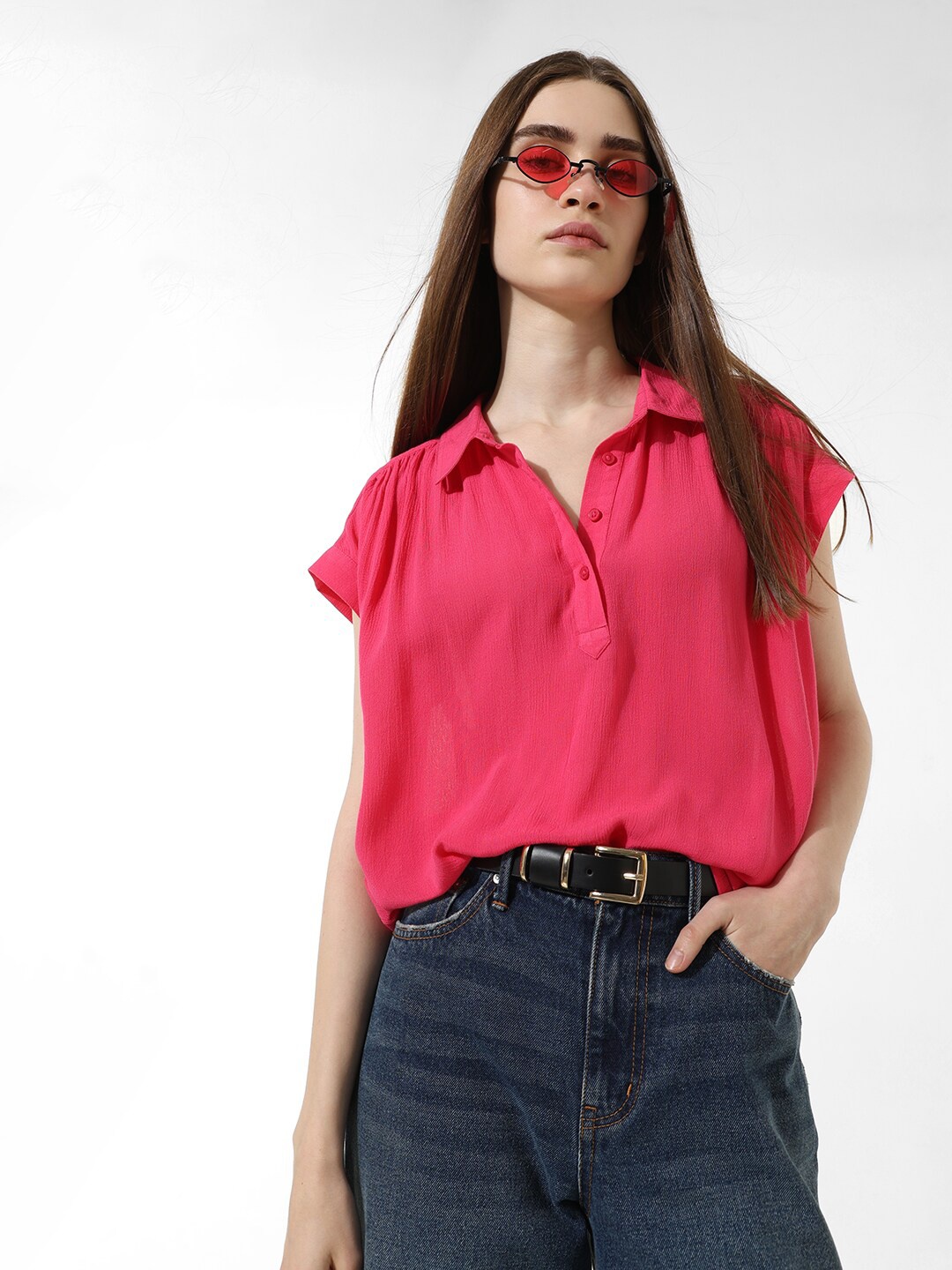 

ONLY Spread Collar Extended Sleeves Opaque Casual Shirt, Pink