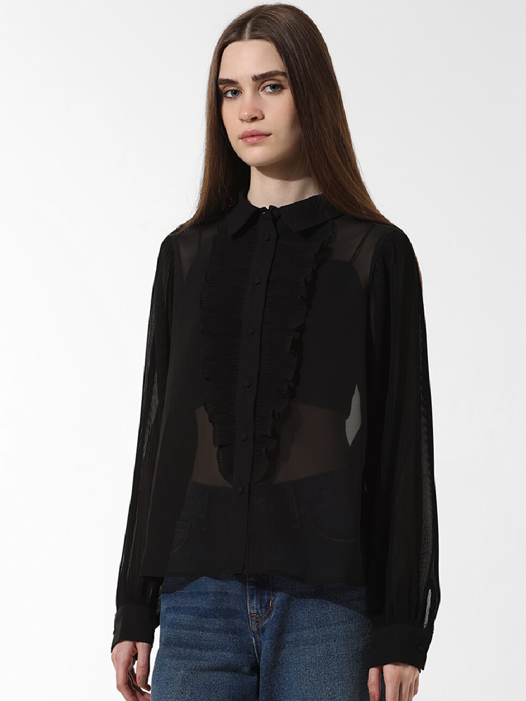 

ONLY Textured Spread Collar Long Puff Sleeves Casual Shirt, Black