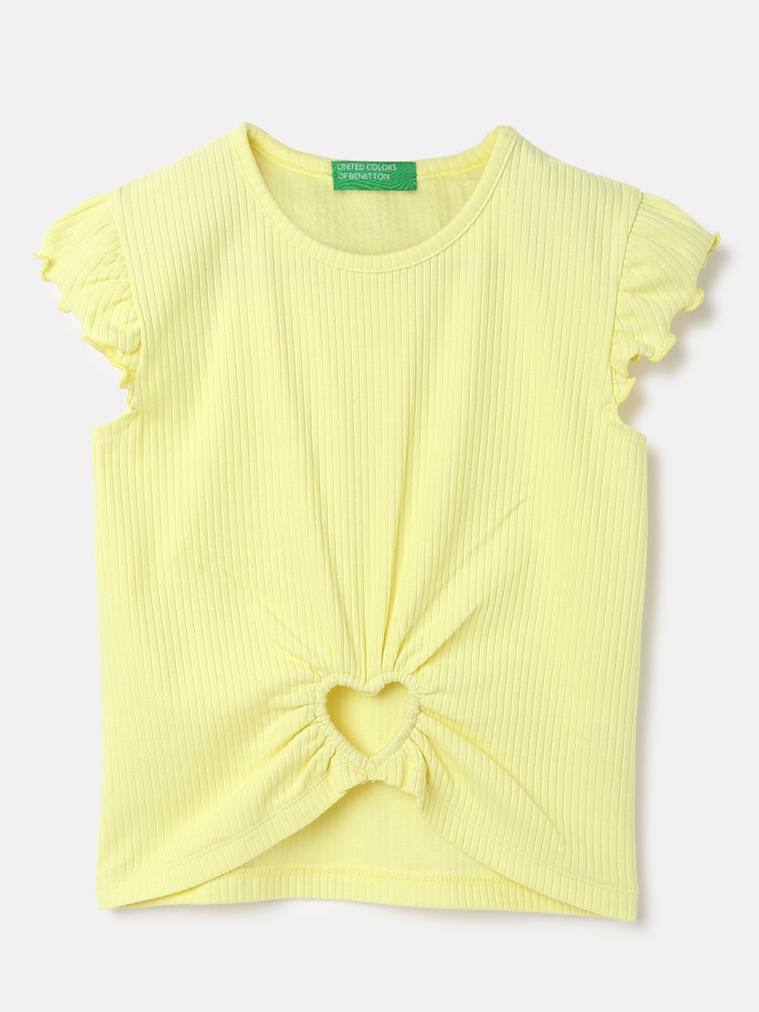 United Colors of Benetton Girls Round Neck Textured Pure Cotton Pattern Top, Yellow