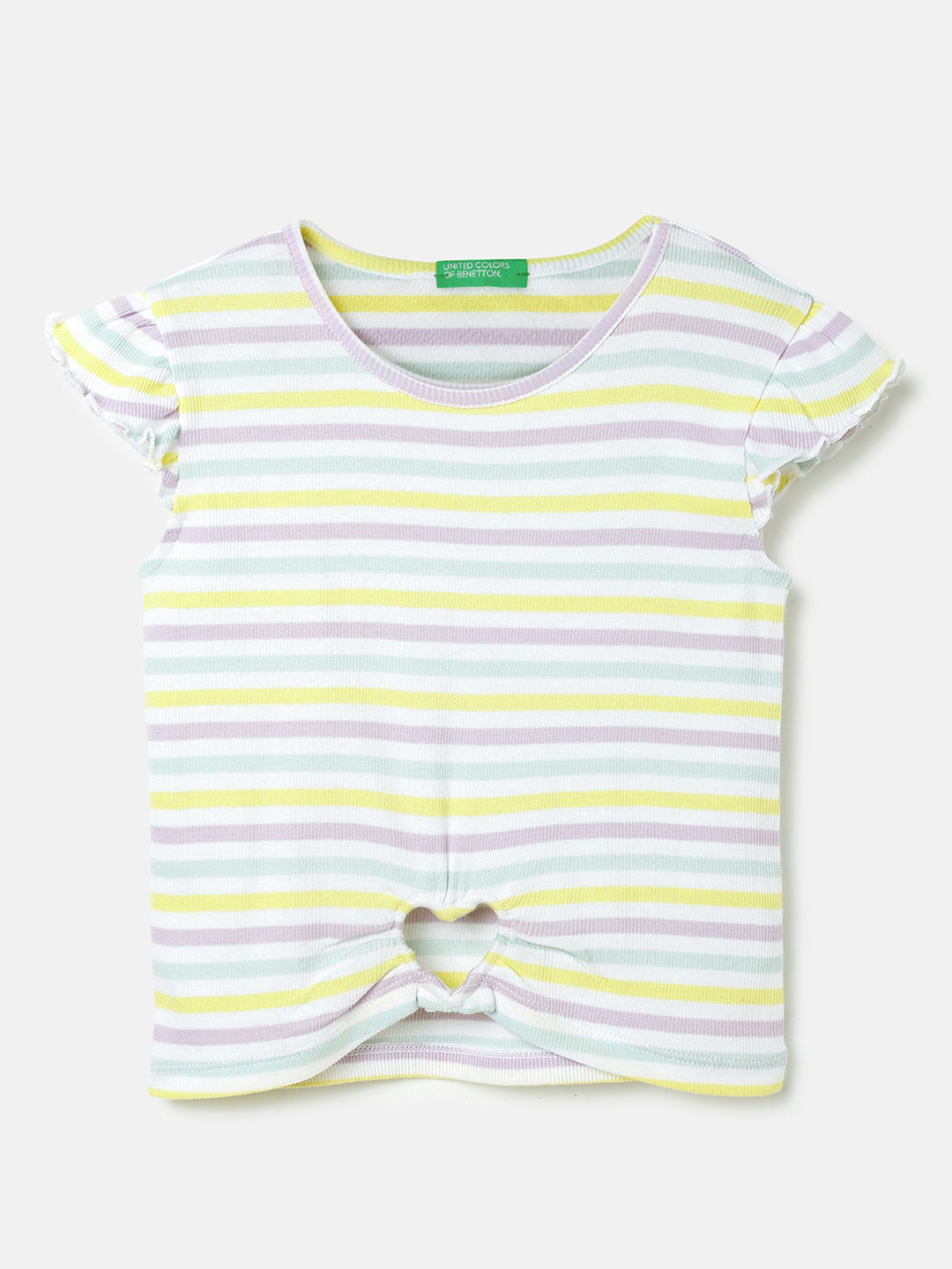 

United Colors of Benetton Girls Horizontal Striped Flutter Sleeves Pure Cotton Top, White