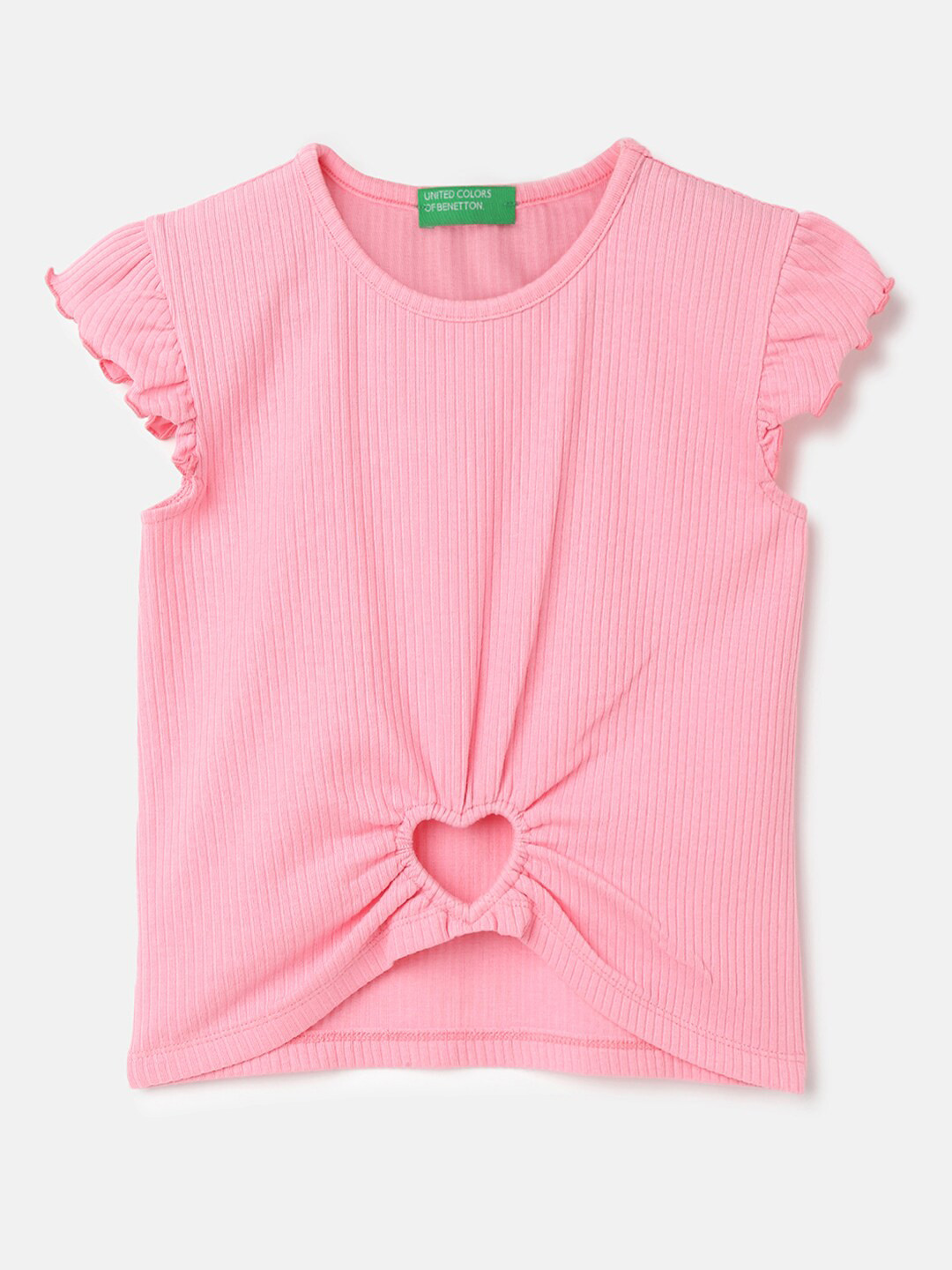 

United Colors of Benetton Girls Self Design Flutter Sleeves Pure Cotton Top, Pink