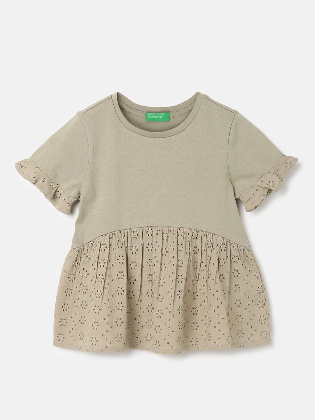 

United Colors of Benetton Girls Self Design Flutter Sleeves Pure Cotton A-Line Top, Brown