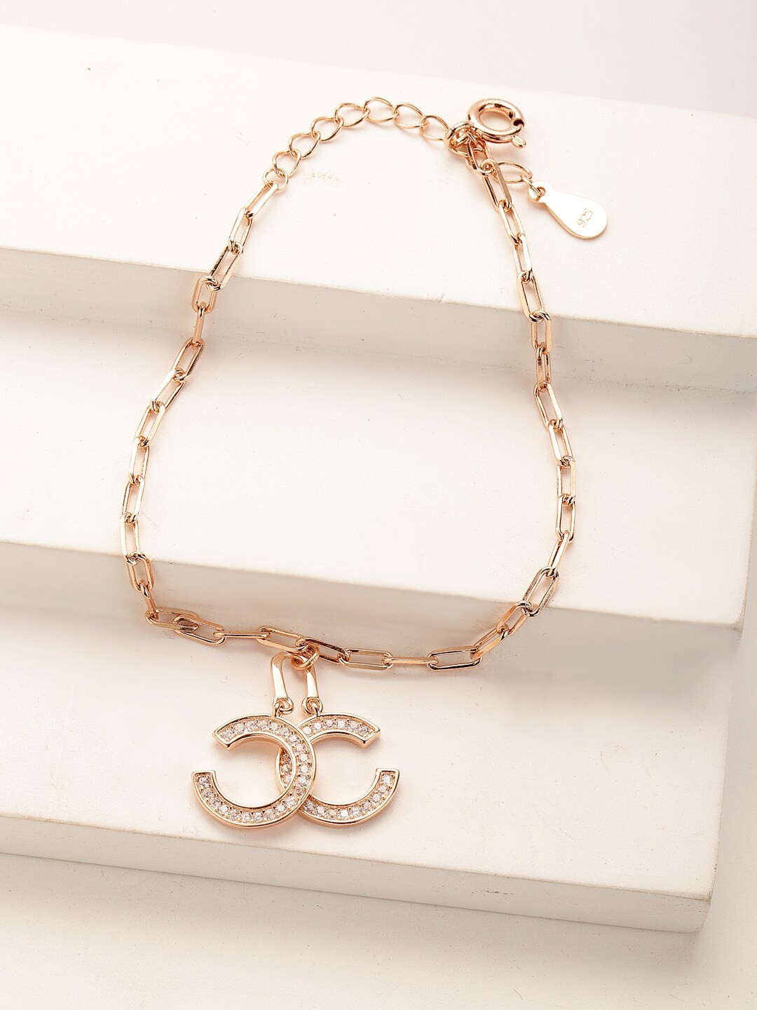 

PRIONI 925 Sterling Silver Rose Gold-Plated CZ-Charms Bracelet