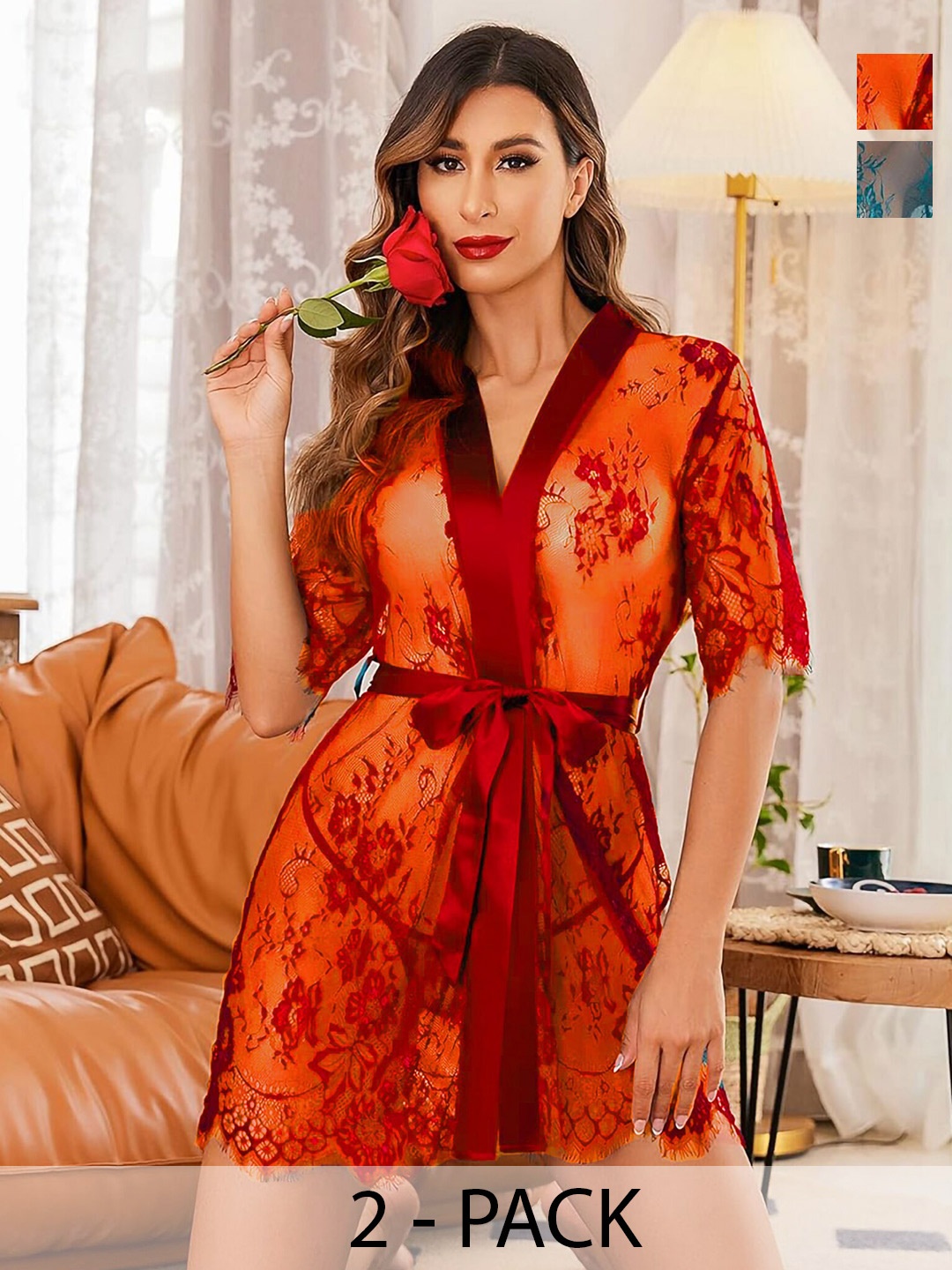 

AROUSY Pack Of 2 Self Design V-Neck Net Baby Doll with High-Low, Red