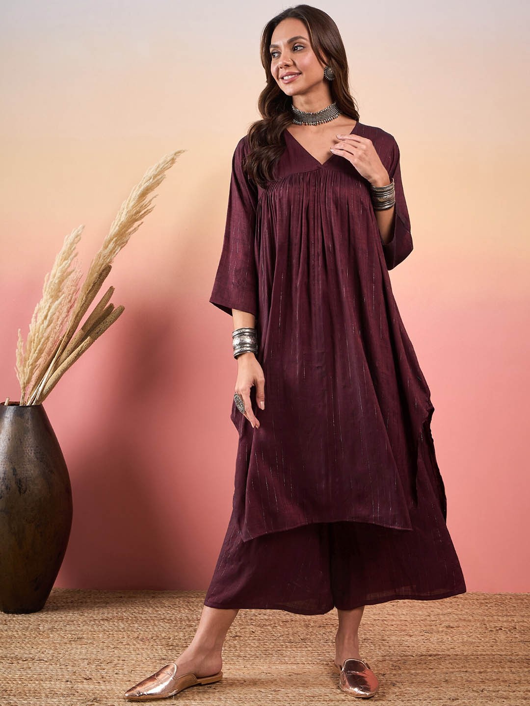 

InWeave Striped Pleated Kurta with Palazzo, Purple