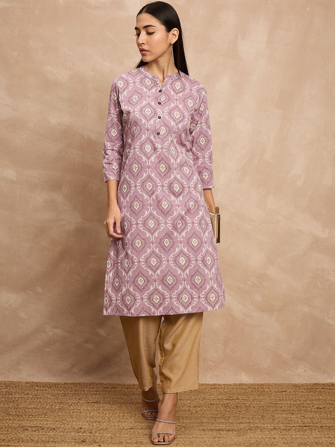 

all about you Purple Ethnic Motifs Printed Mandarin Collar Cotton Straight Kurta