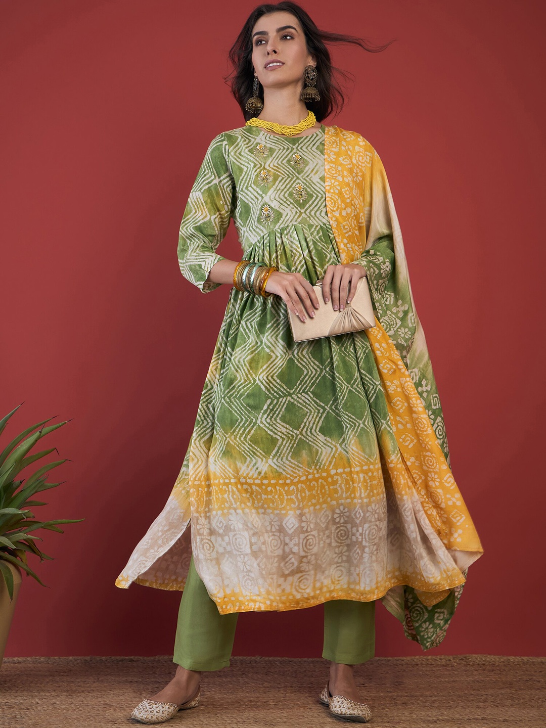 

Anouk Green Geometric Embroidered Pleated Kurta with Trousers & Dupatta