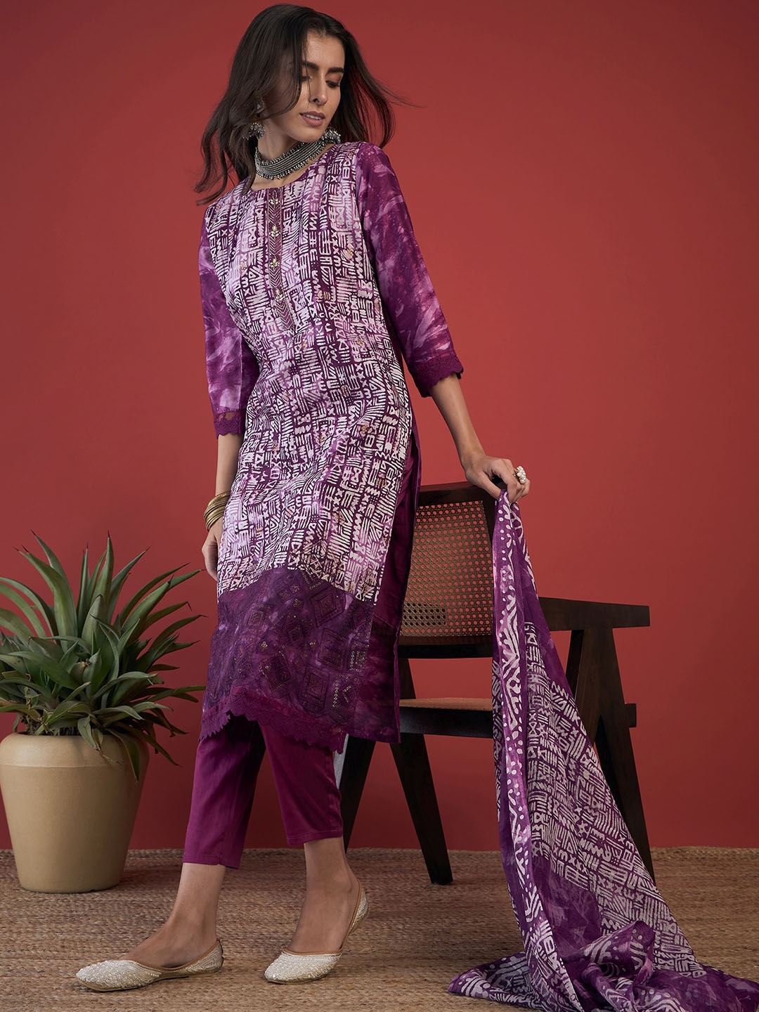 

Anouk Purple Ethnic Motifs Printed Round Neck Chanderi Silk Kurta with Palazzos & Dupatta