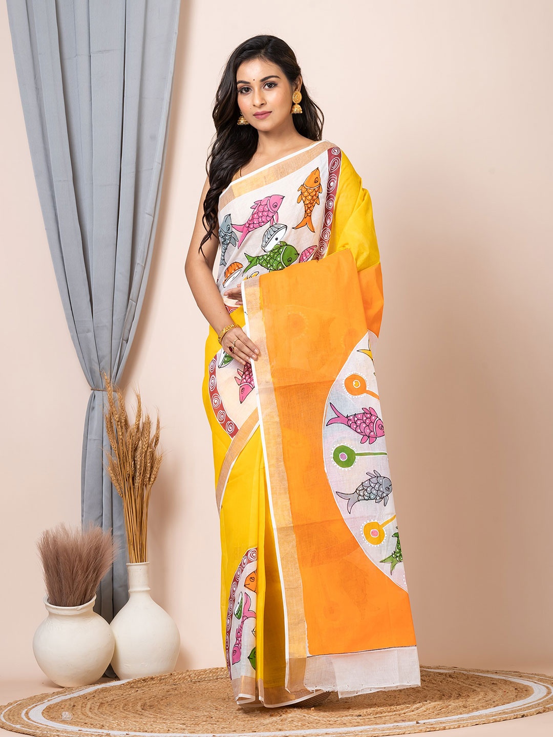

Laa Calcutta Ethnic Motifs Printed Zari Pure Cotton Saree, Yellow