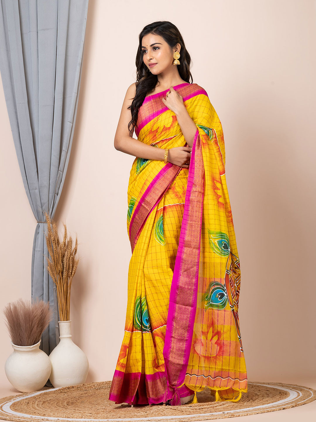 

Laa Calcutta Ethnic Motifs Printed Zari Silk Cotton Saree, Yellow