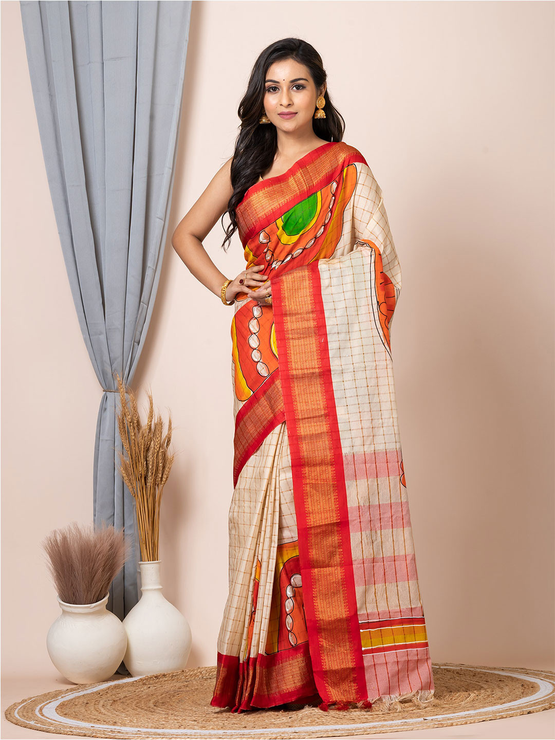 

Laa Calcutta Ethnic Motifs Printed Zari Silk Cotton Saree, Beige