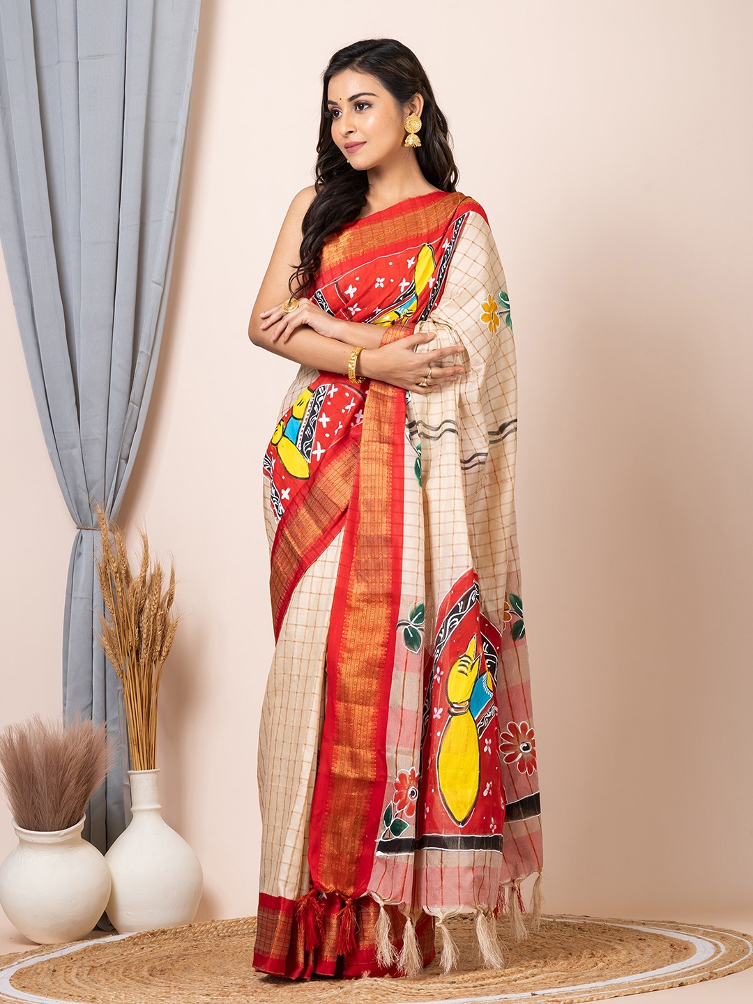 

Laa Calcutta Ethnic Motifs Printed Zari Silk Cotton Saree, Beige