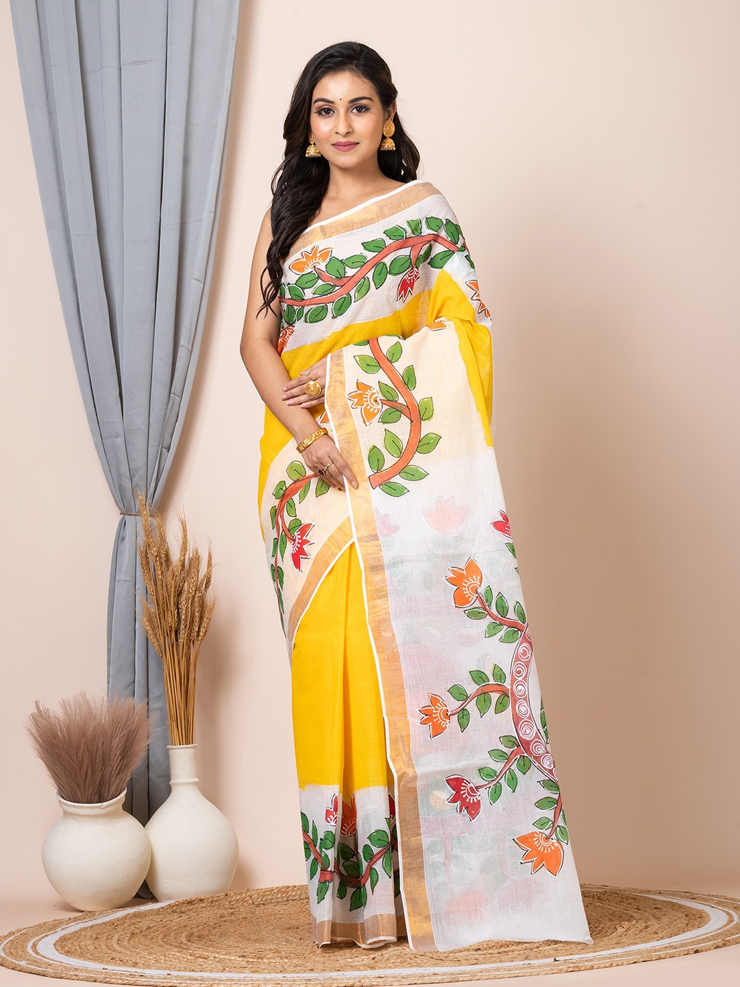 

Laa Calcutta Floral Printed Zari Pure Cotton Saree, Yellow