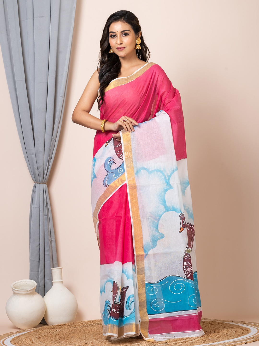 

Laa Calcutta Floral Printed Zari Pure Cotton Saree, Pink