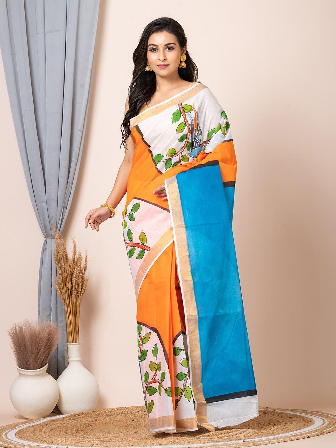 

Laa Calcutta Ethnic Motifs Printed Zari Pure Cotton Saree, Orange