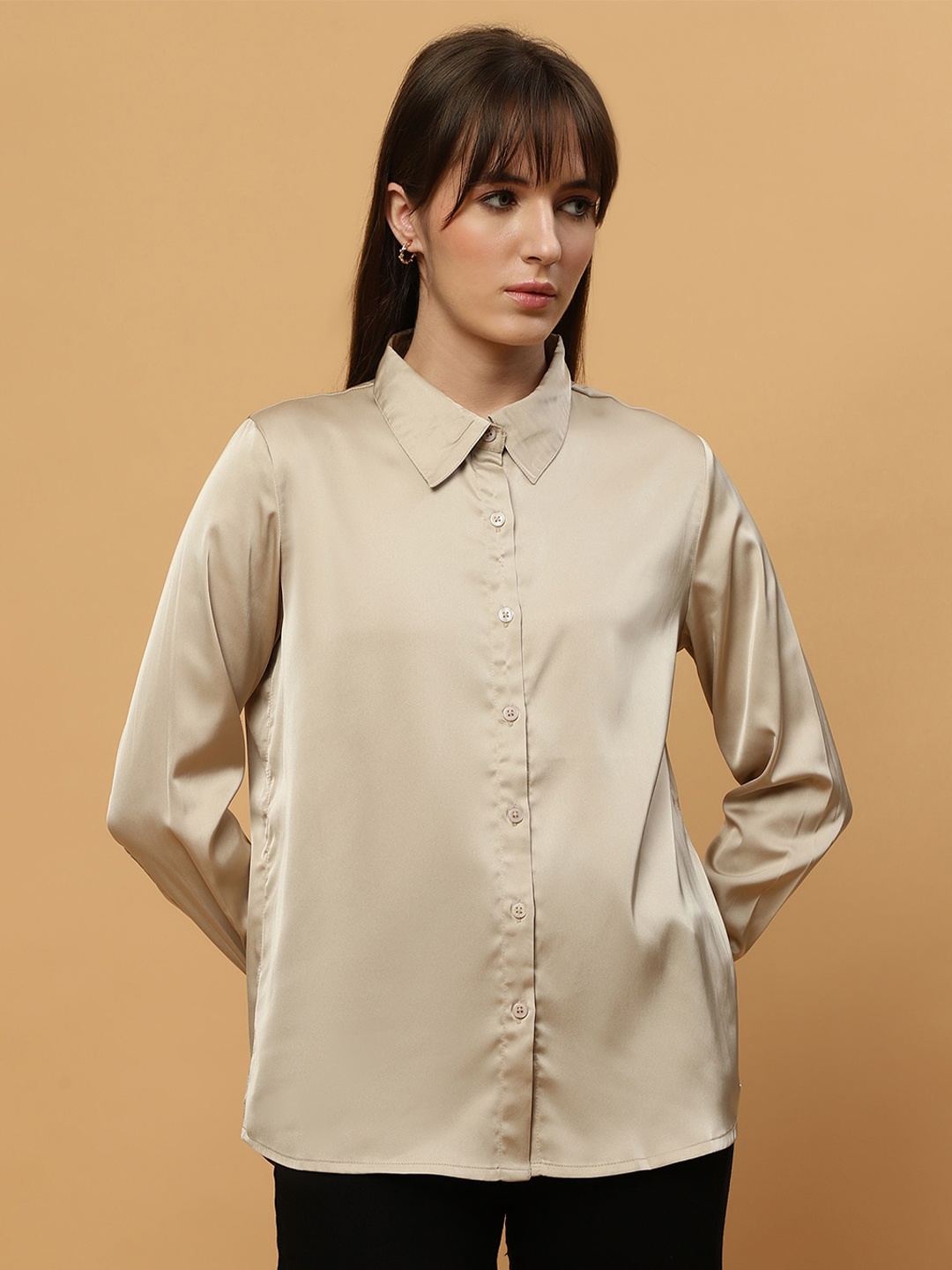 

Beatnik Modern Opaque Full Sleeves Satin Casual Shirt, Beige