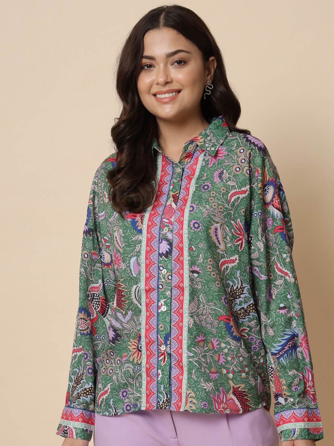 

Beatnik Modern Floral Printed Casual Shirt, Green