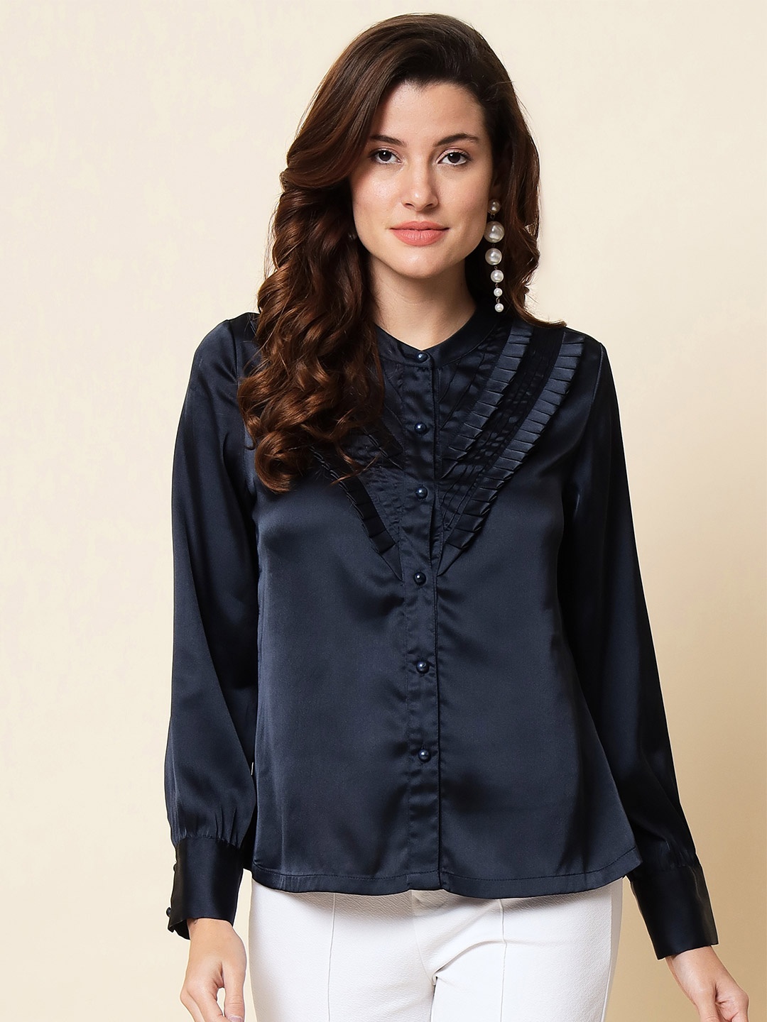 

Beatnik Modern Spread Collar Satin Formal Shirt, Navy blue