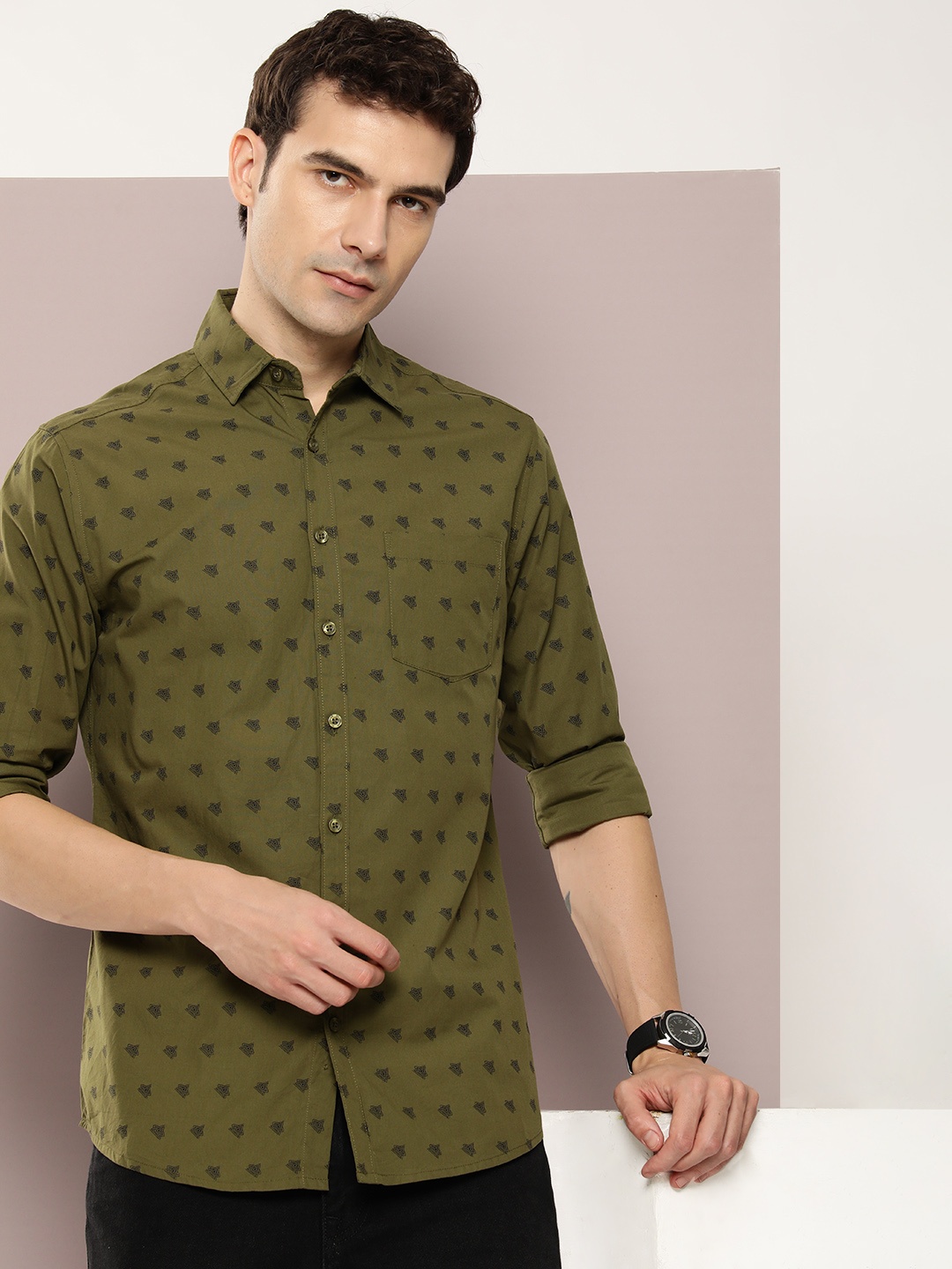 

DILLINGER Men Classic Printed Casual Shirt, Olive