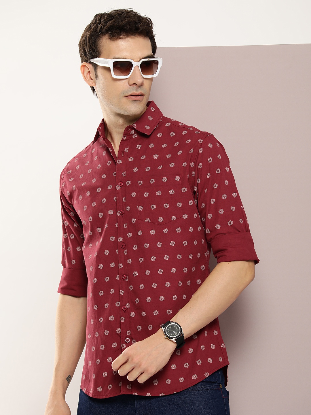 

DILLINGER Men Classic Printed Casual Shirt, Maroon